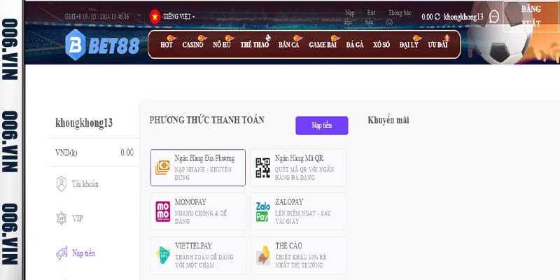 Cách nạp tiền Bet88 thông qua thanh toán trực tuyến 1
